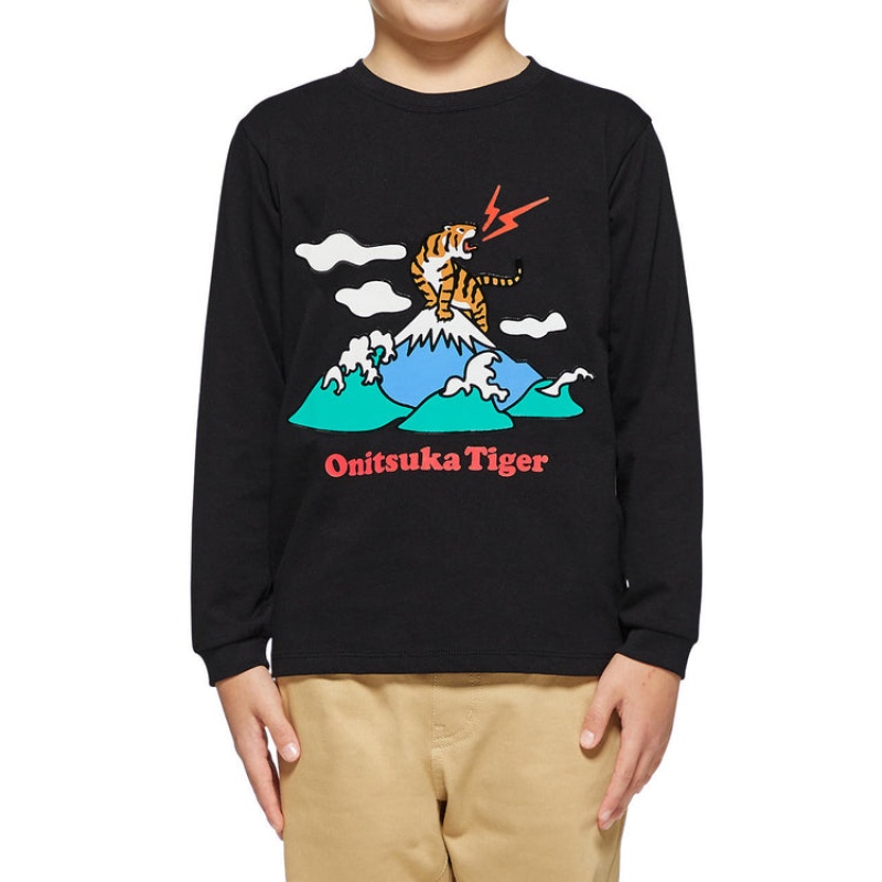 Black Kids' Onitsuka Tiger LS Graphic T Shirts Online India | O5Q-8011