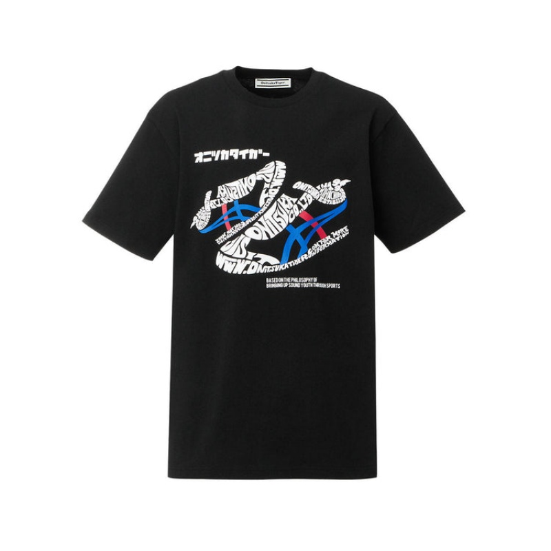 Black Men\'s Onitsuka Tiger Graphic T Shirts Online India | X8S-8490