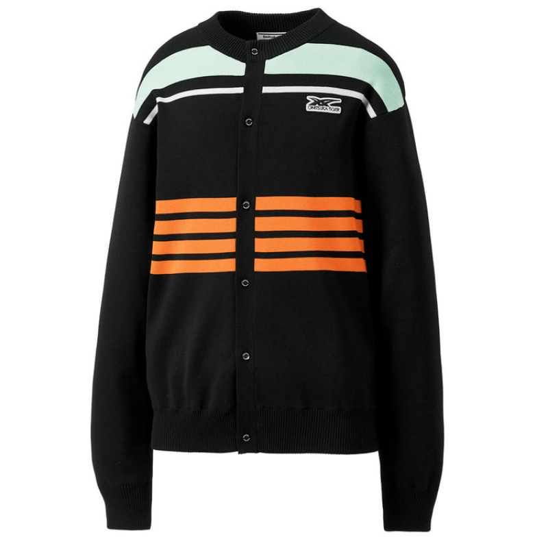 Black Men's Onitsuka Tiger Knit Cardigan Sweaters Online India | Q0C-7508