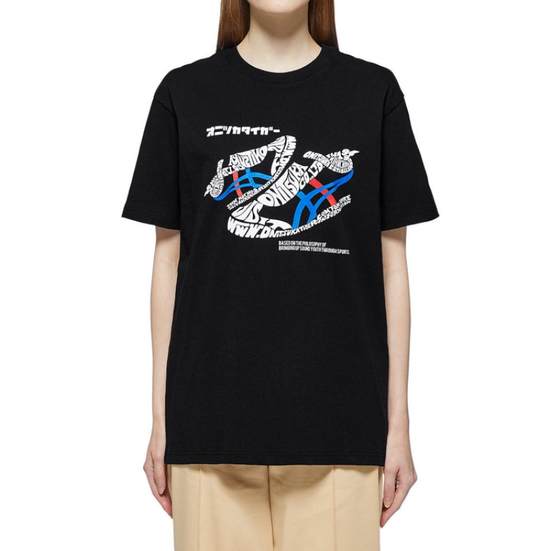 Black Women's Onitsuka Tiger Graphic T Shirts Online India | G9T-4296