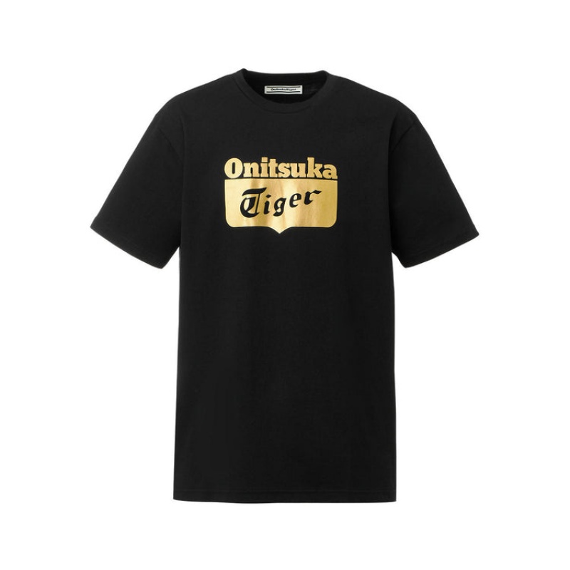 Black / Gold Men\'s Onitsuka Tiger Logo T Shirts Online India | E2P-2316