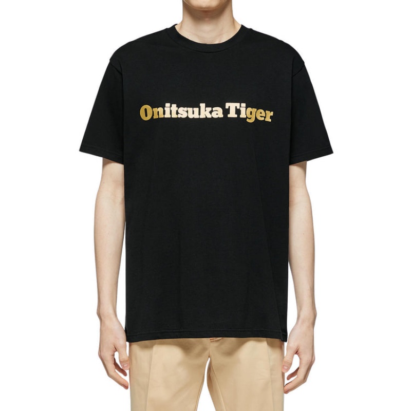 Black / Gold Men's Onitsuka Tiger Logo T Shirts Online India | J4M-1869