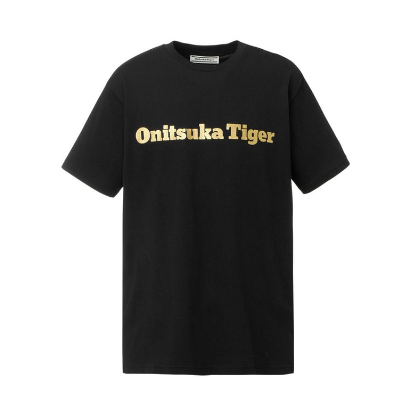 Black / Gold Men\'s Onitsuka Tiger Logo T Shirts Online India | J4M-1869