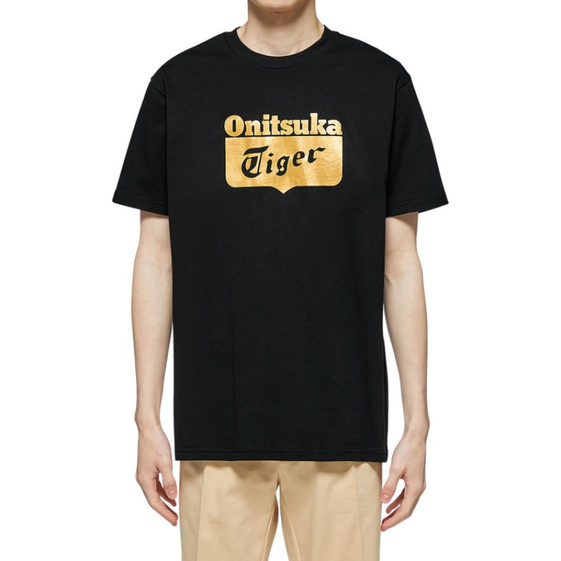 Black / Gold Women's Onitsuka Tiger Logo T Shirts Online India | M9P-6505