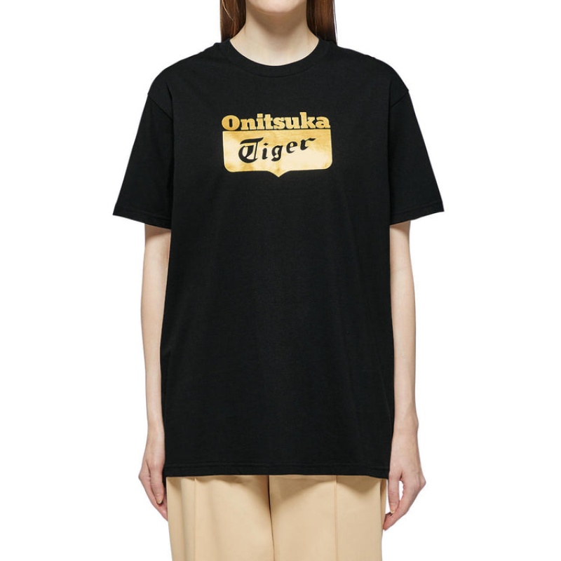 Black / Gold Women's Onitsuka Tiger Logo T Shirts Online India | M9P-6505