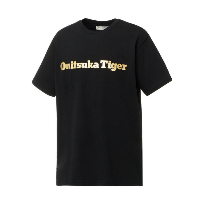 Black / Gold Women's Onitsuka Tiger Logo T Shirts Online India | Y2M-7066