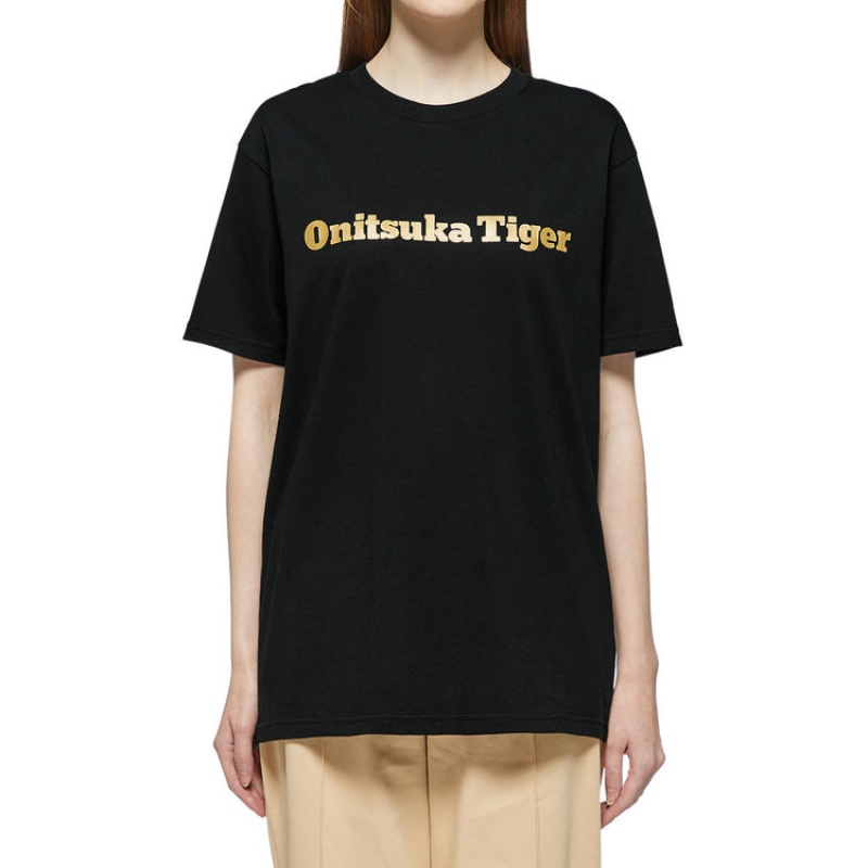 Black / Gold Women's Onitsuka Tiger Logo T Shirts Online India | Y2M-7066