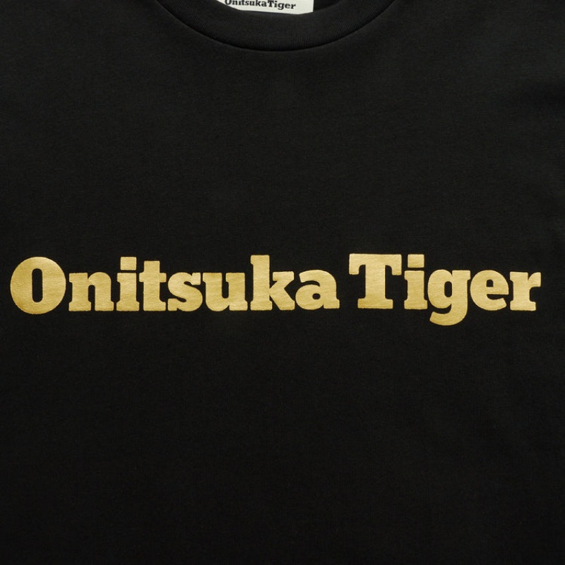 Black / Gold Women's Onitsuka Tiger Logo T Shirts Online India | Y2M-7066