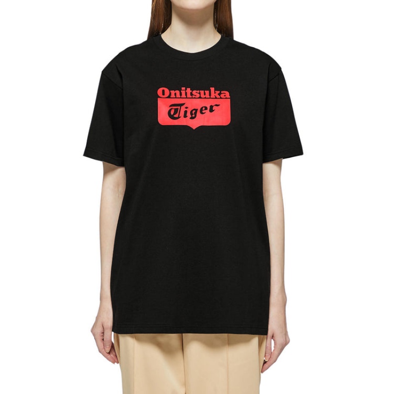 Black / Red Women's Onitsuka Tiger Logo T Shirts Online India | T8I-3253