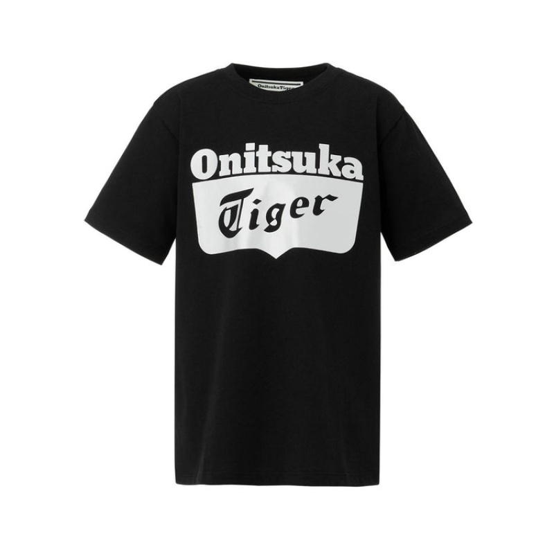 Black / Silver Kids\' Onitsuka Tiger Logo T Shirts Online India | P4F-7290