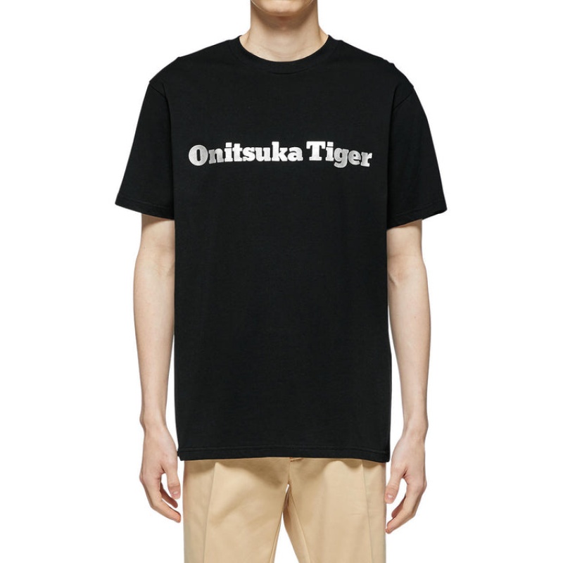 Black / Silver Women's Onitsuka Tiger Logo T Shirts Online India | D4U-4764