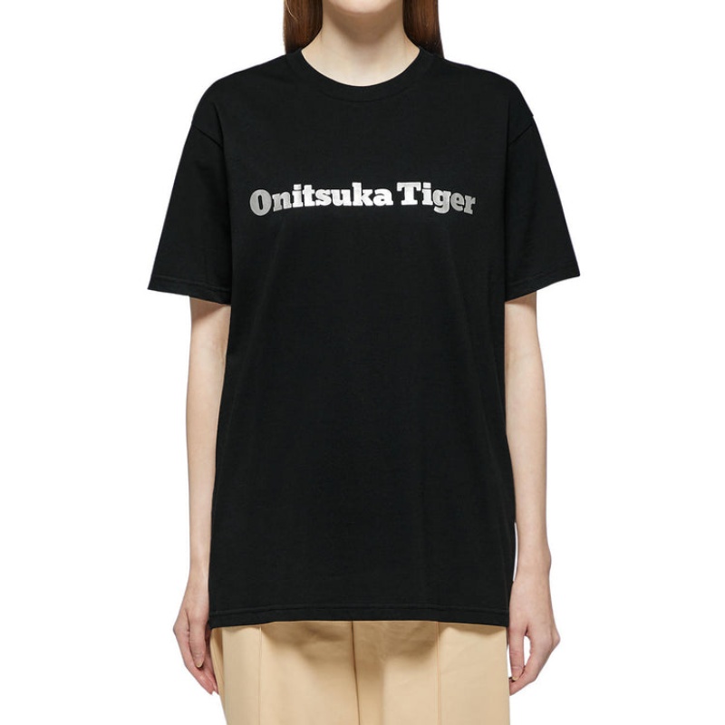 Black / Silver Women's Onitsuka Tiger Logo T Shirts Online India | D4U-4764