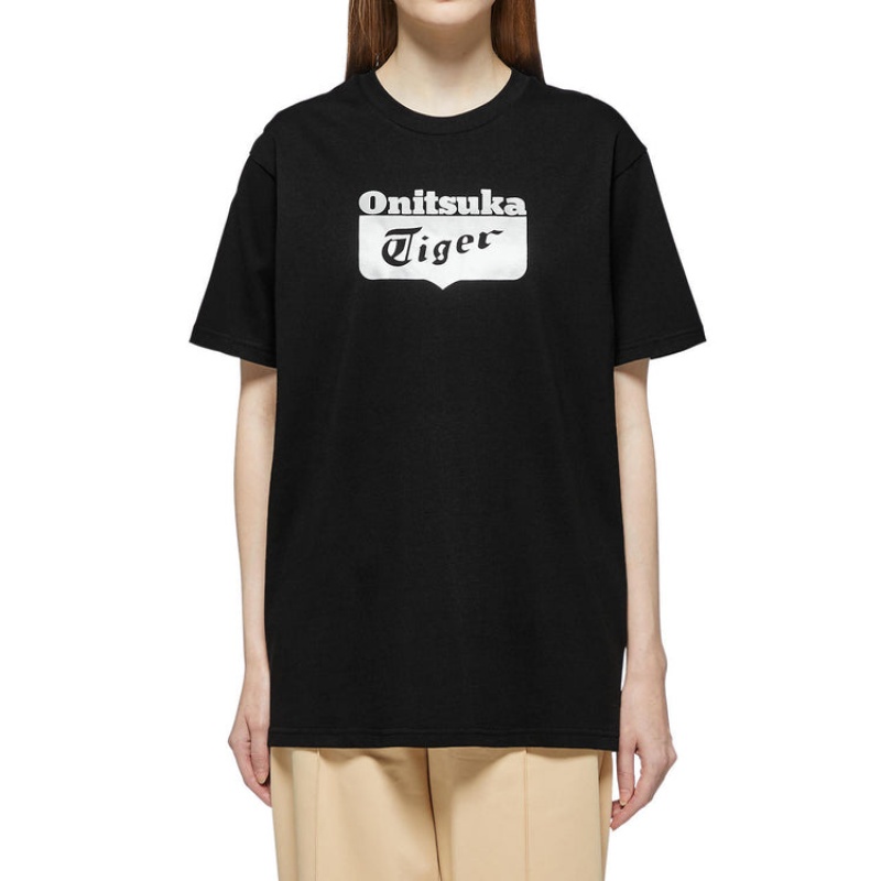 Black / Silver Women's Onitsuka Tiger Logo T Shirts Online India | T1F-1133