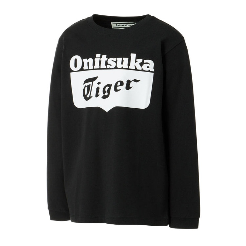 Black / White Kids' Onitsuka Tiger LS Logo T Shirts Online India | Q9L-3766