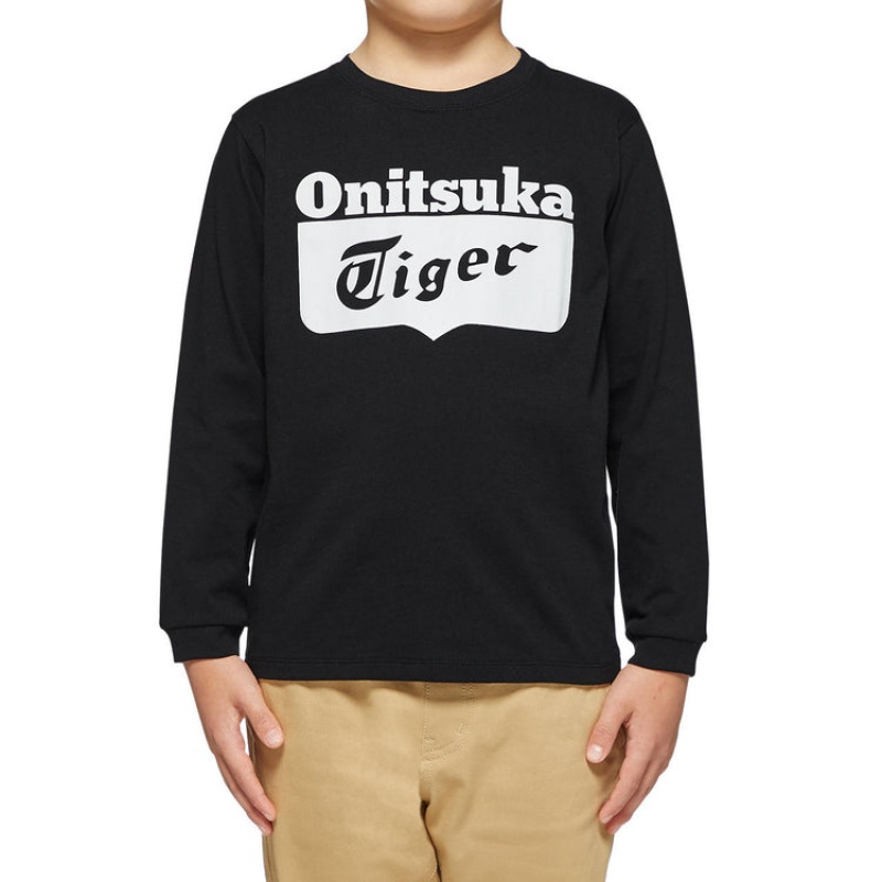 Black / White Kids' Onitsuka Tiger LS Logo T Shirts Online India | Q9L-3766