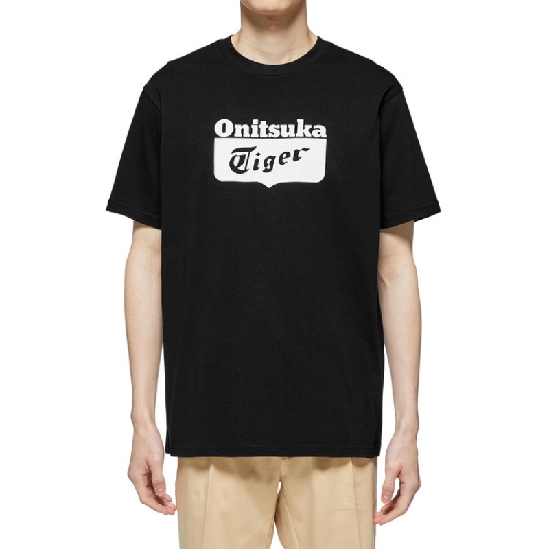 Black / White Men's Onitsuka Tiger Logo T Shirts Online India | H6F-5157