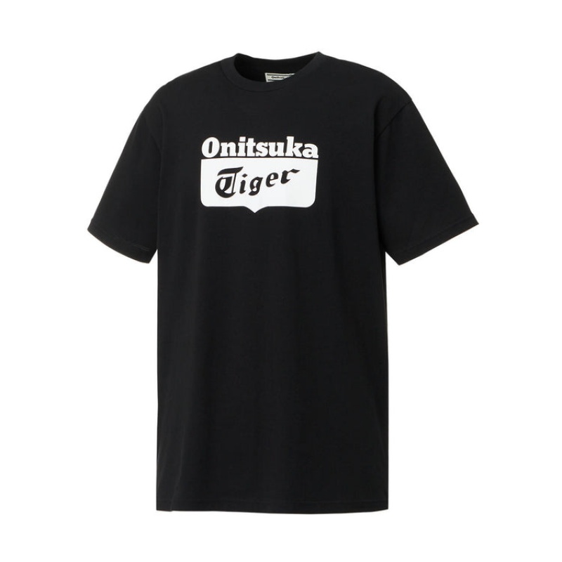 Black / White Men's Onitsuka Tiger Logo T Shirts Online India | H6F-5157