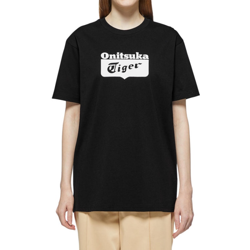 Black / White Women's Onitsuka Tiger Logo T Shirts Online India | F5E-7074