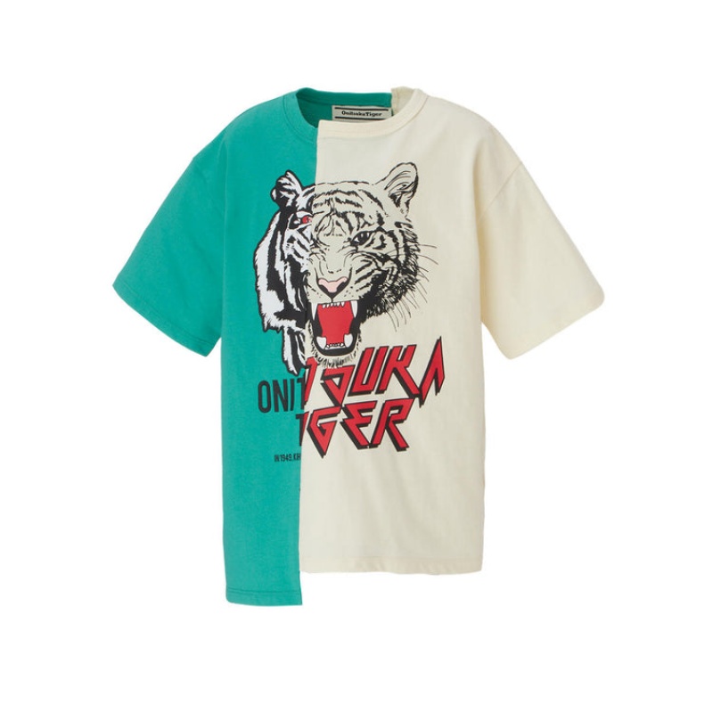 Green / Light Beige Kids' Onitsuka Tiger Graphic T Shirts Online India | J2Q-9484