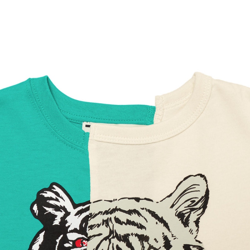 Green / Light Beige Kids' Onitsuka Tiger Graphic T Shirts Online India | J2Q-9484