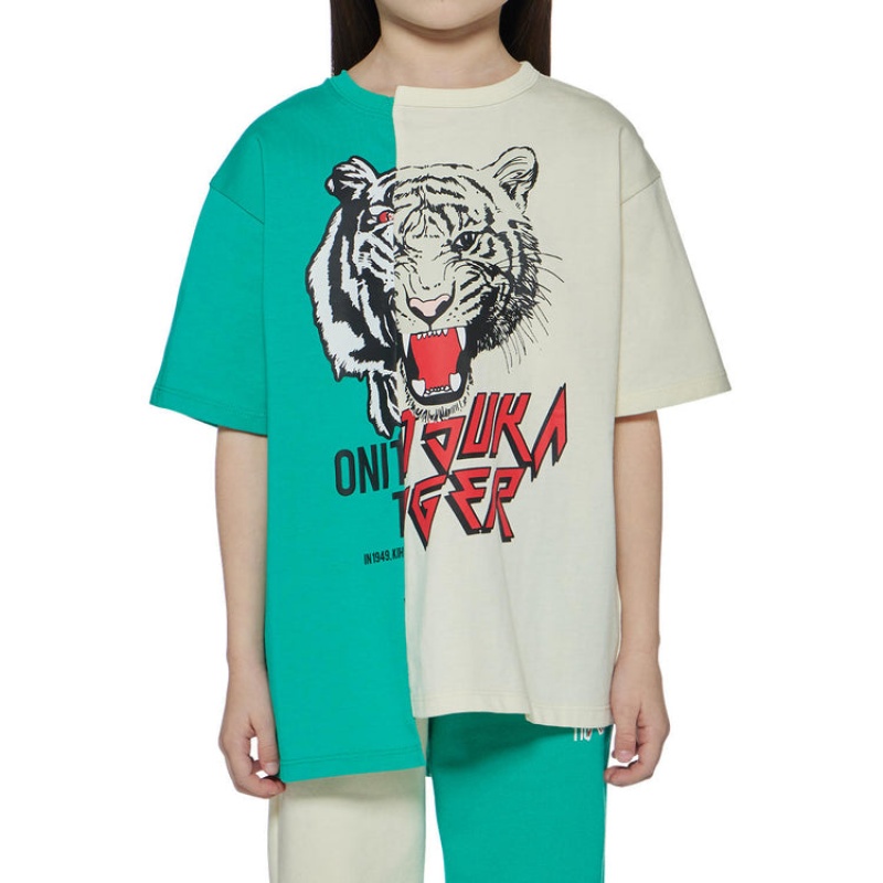 Green / Light Beige Kids' Onitsuka Tiger Graphic T Shirts Online India | J2Q-9484