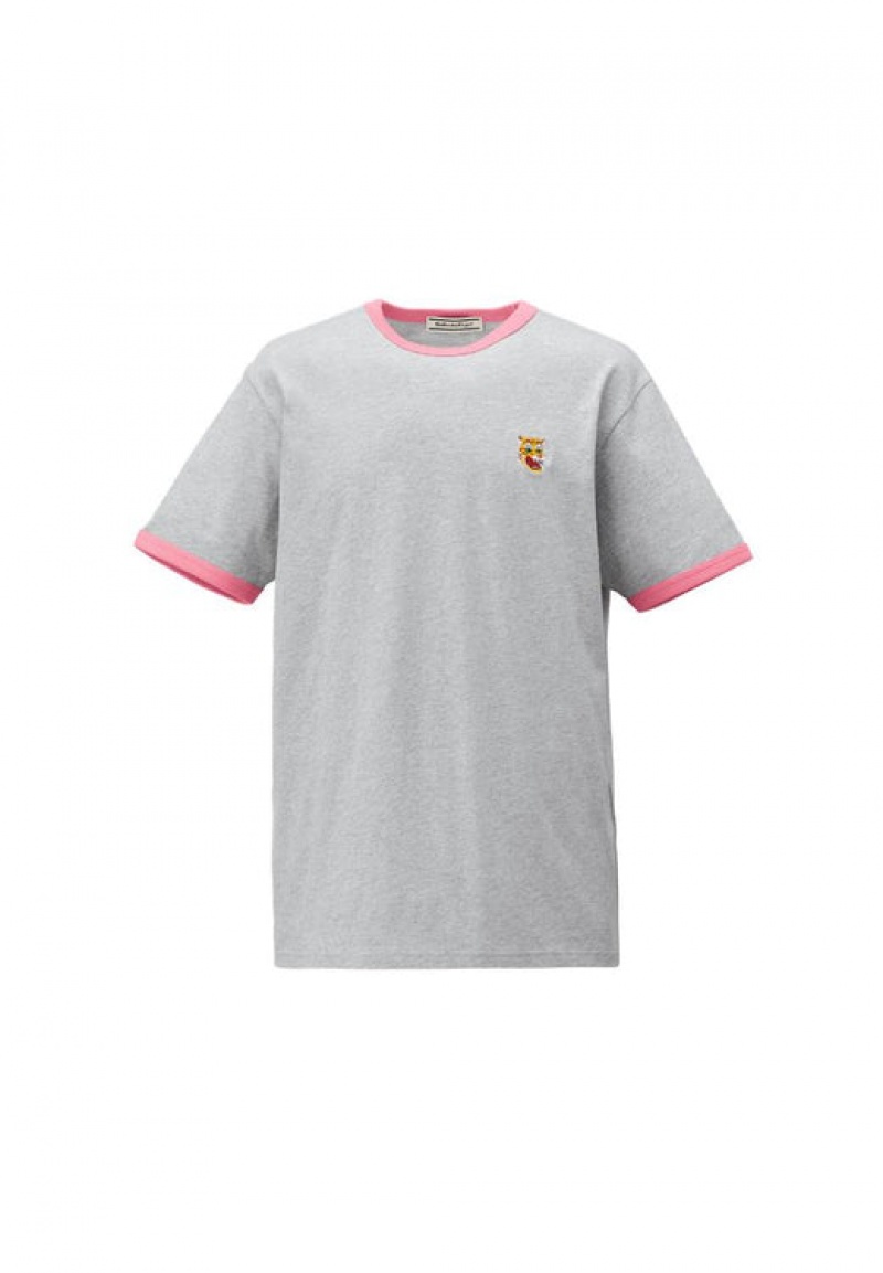 Grey / Pink Men\'s Onitsuka Tiger Graphic T Shirts Online India | O1L-8509