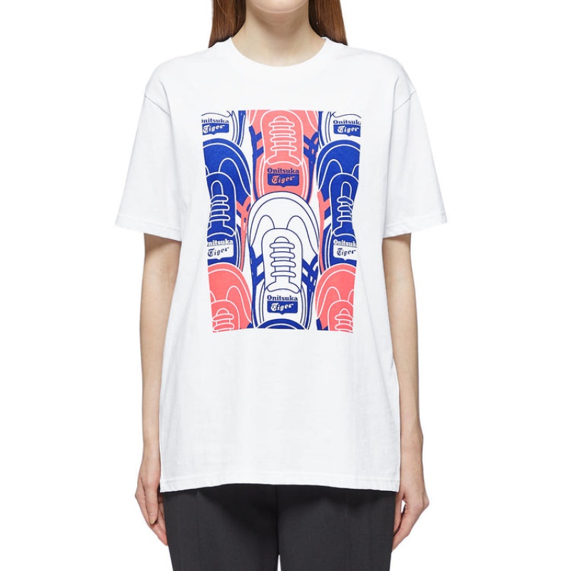 White Men's Onitsuka Tiger Graphic T Shirts Online India | V1Q-2478