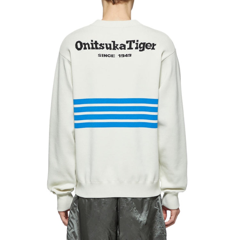 White Men's Onitsuka Tiger Knit Cardigan Sweaters Online India | D6I-2148