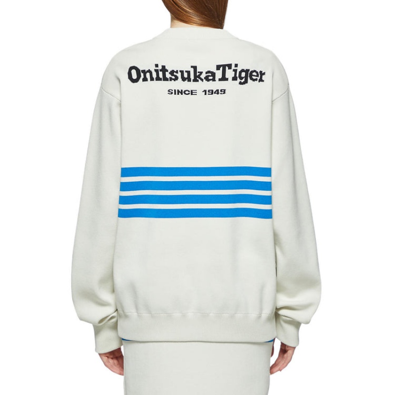 White Men's Onitsuka Tiger Knit Cardigan Sweaters Online India | D6I-2148