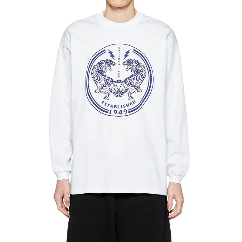 White Men's Onitsuka Tiger LS Graphic T Shirts Online India | J9D-3609