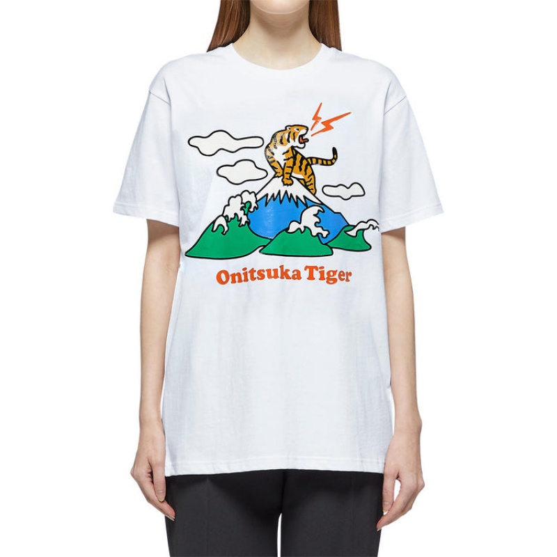 White Women's Onitsuka Tiger Graphic T Shirts Online India | N9A-9545