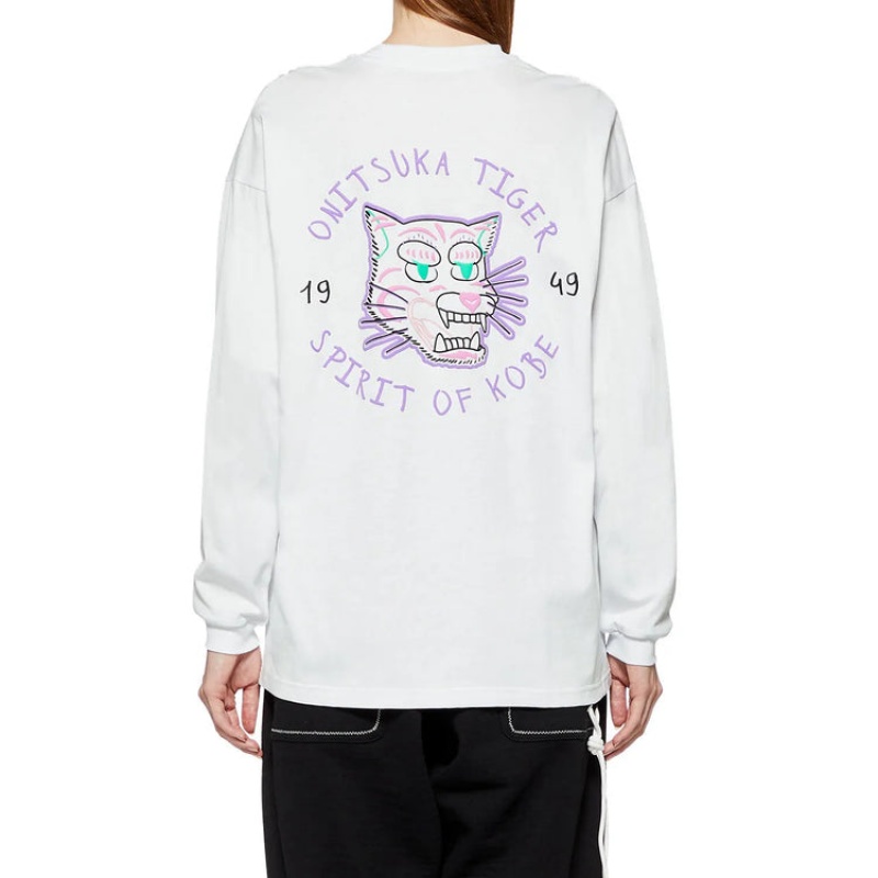 White Women's Onitsuka Tiger LS Graphic T Shirts Online India | Z6L-3485