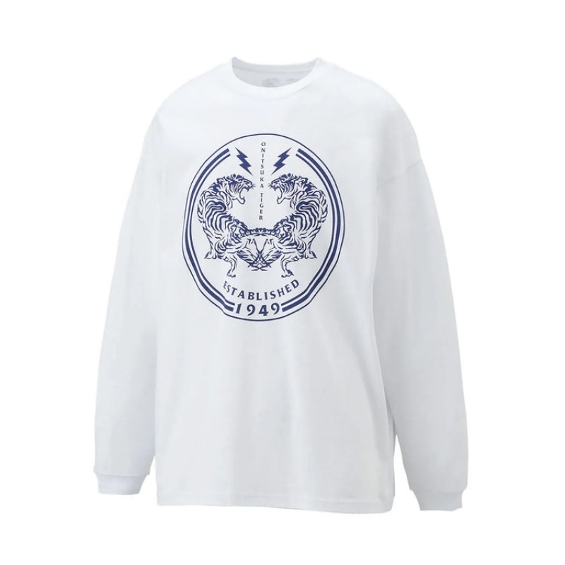 White Women's Onitsuka Tiger LS Graphic T Shirts Online India | K6I-6057