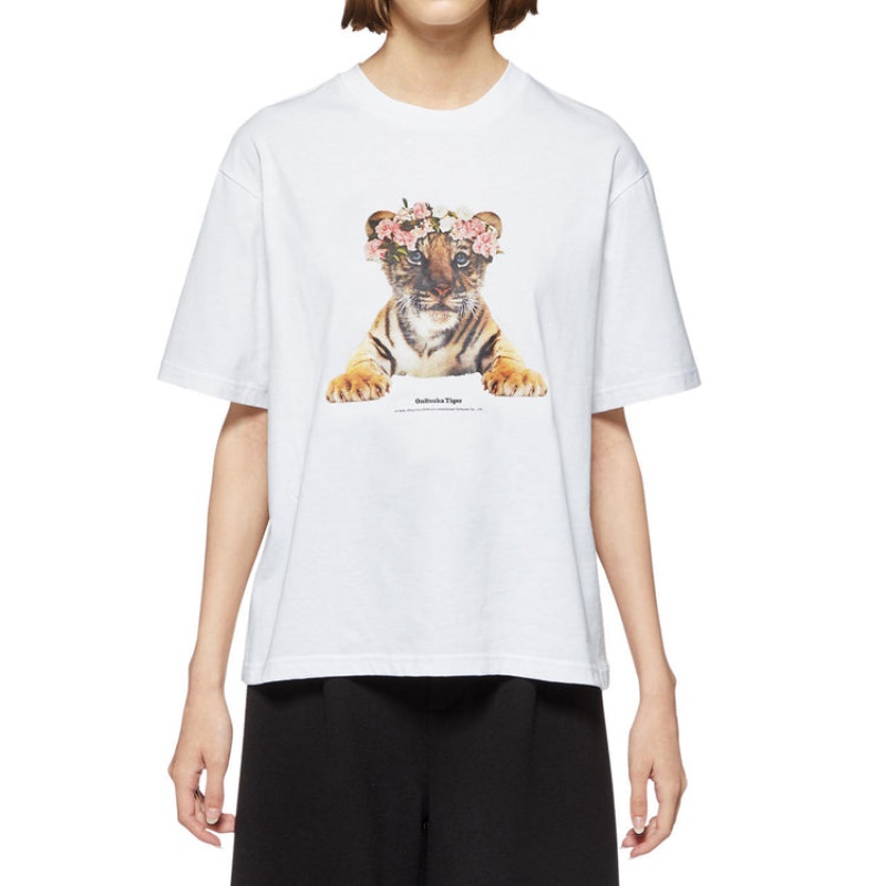 White Women's Onitsuka Tiger WS Graphic T Shirts Online India | Q0T-6010