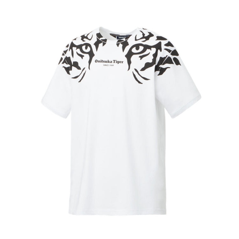 White / Black Men's Onitsuka Tiger Graphic T Shirts Online India | T8E-1334