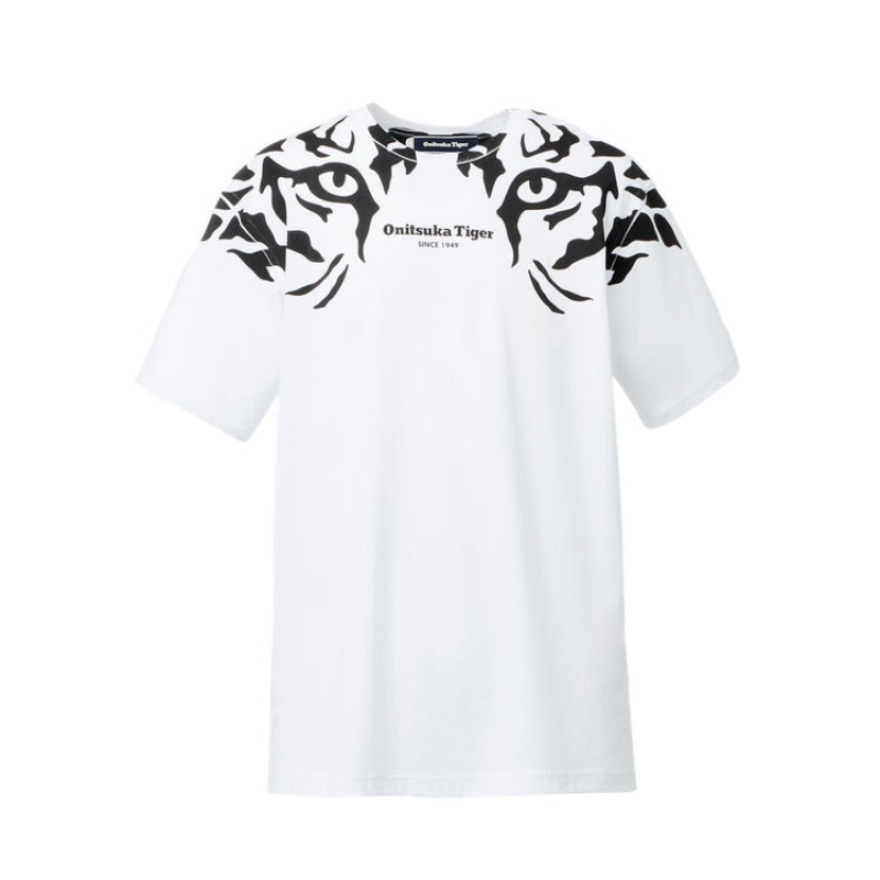 White / Black Men\'s Onitsuka Tiger Graphic T Shirts Online India | T8E-1334