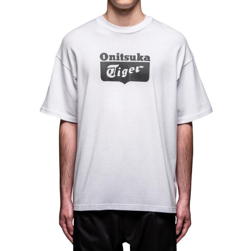 White / Black Men's Onitsuka Tiger Oversize Logo T Shirts Online India | K9J-5817