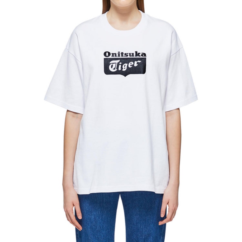 White / Black Men's Onitsuka Tiger Oversize Logo T Shirts Online India | K9J-5817