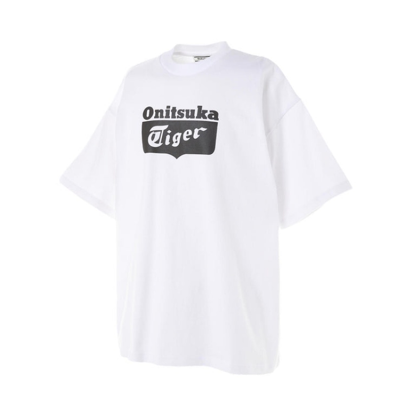 White / Black Men's Onitsuka Tiger Oversize Logo T Shirts Online India | K9J-5817