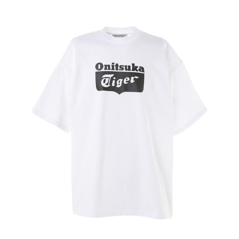 White / Black Men\'s Onitsuka Tiger Oversize Logo T Shirts Online India | K9J-5817