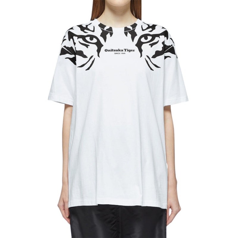 White / Black Women's Onitsuka Tiger Graphic T Shirts Online India | S1B-4973