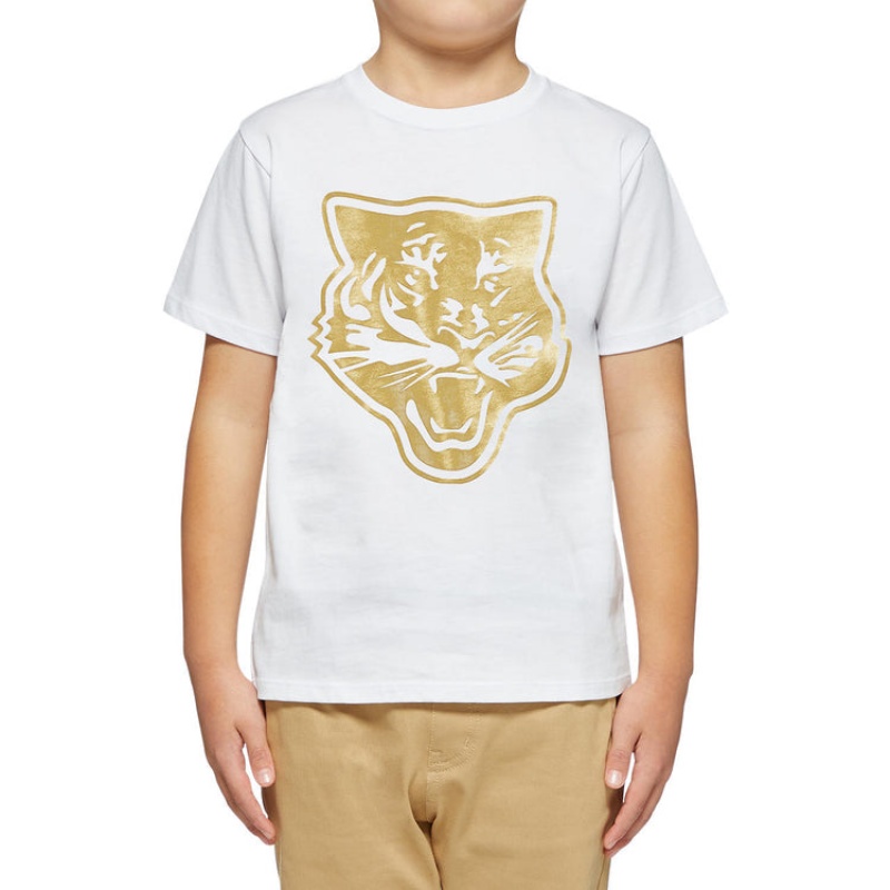 White / Gold Kids' Onitsuka Tiger Logo Graphic T T Shirts Online India | W3F-7499