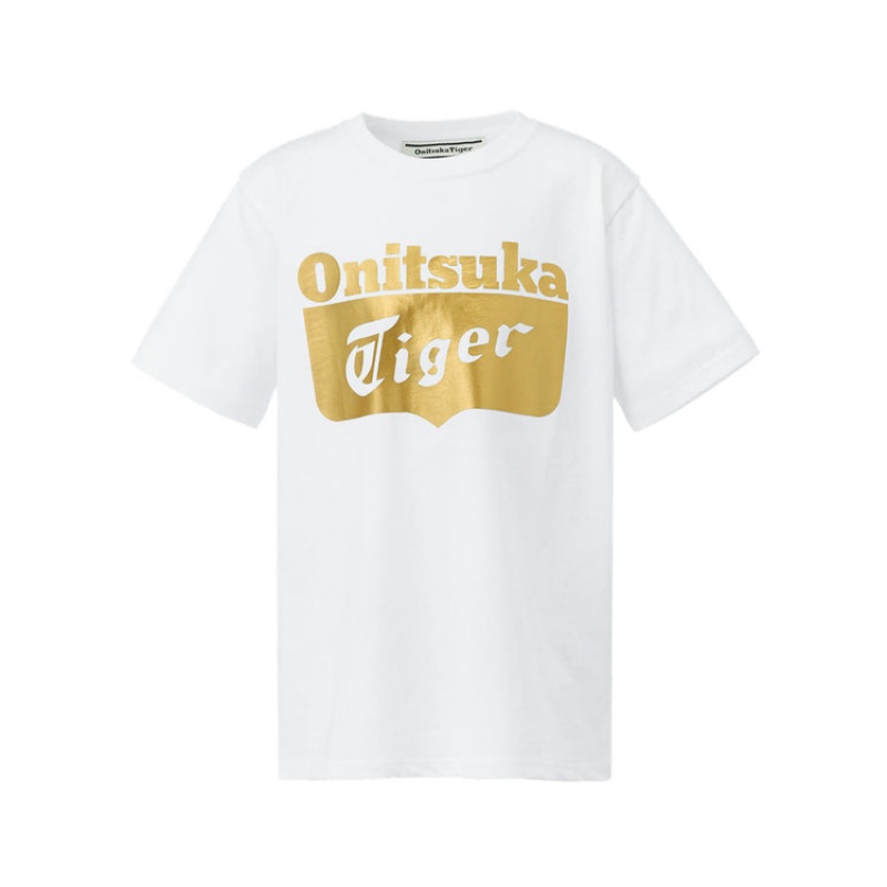 White / Gold Kids' Onitsuka Tiger Logo T Shirts Online India | J6O-8311