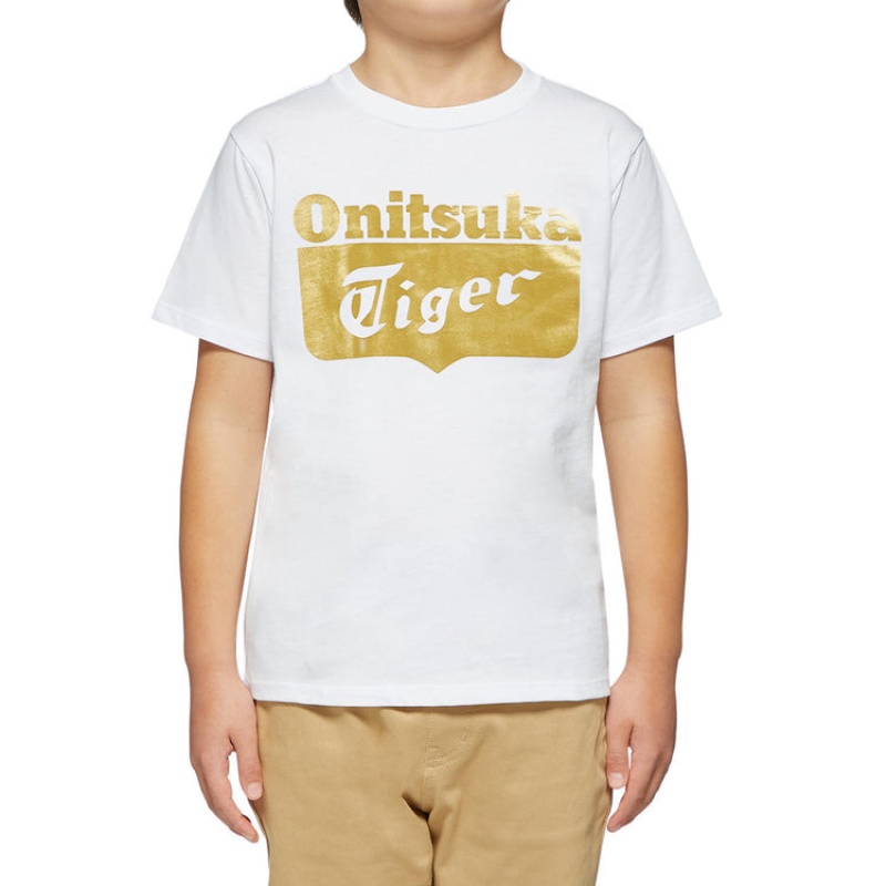 White / Gold Kids' Onitsuka Tiger Logo T Shirts Online India | J6O-8311