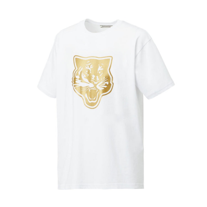 White / Gold Men's Onitsuka Tiger Logo Graphic T T Shirts Online India | K7P-8773