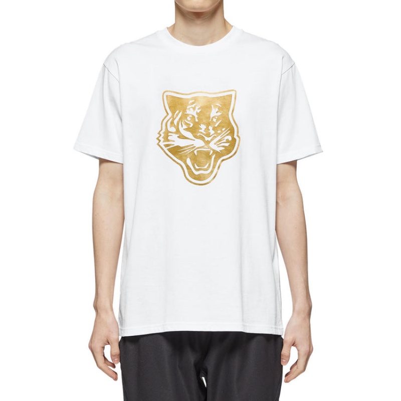 White / Gold Men's Onitsuka Tiger Logo Graphic T T Shirts Online India | K7P-8773