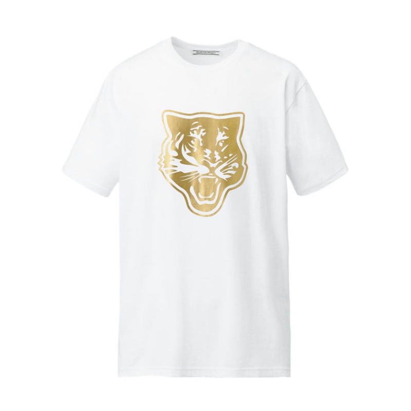 White / Gold Men\'s Onitsuka Tiger Logo Graphic T T Shirts Online India | K7P-8773