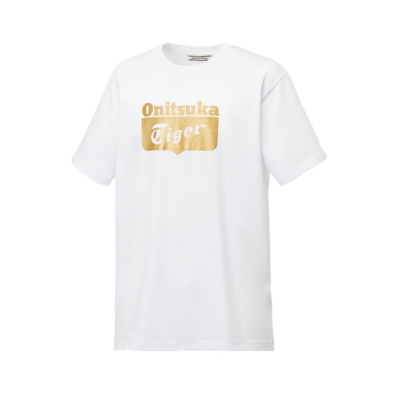 White / Gold Men's Onitsuka Tiger Logo T Shirts Online India | N6O-9689