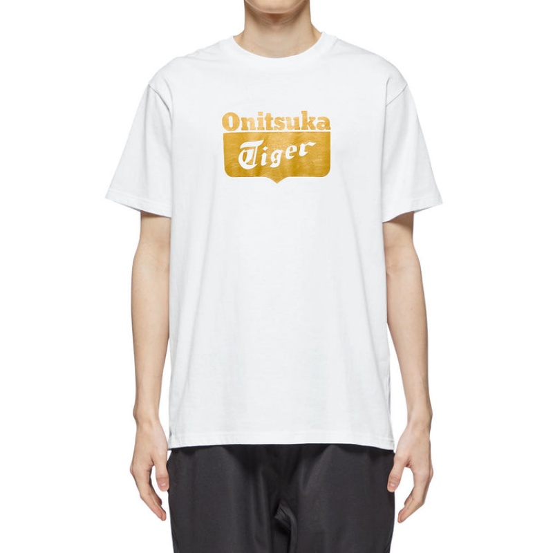 White / Gold Men's Onitsuka Tiger Logo T Shirts Online India | N6O-9689