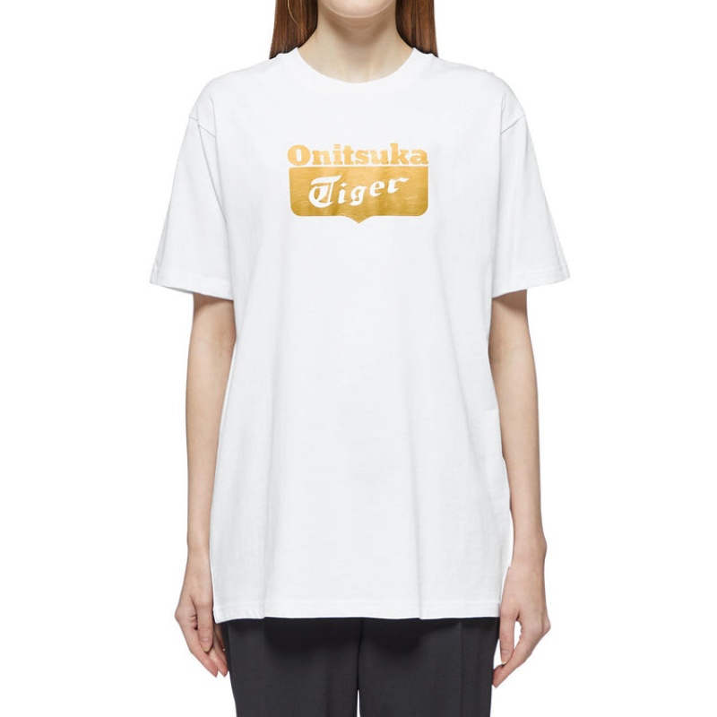 White / Gold Men's Onitsuka Tiger Logo T Shirts Online India | N6O-9689